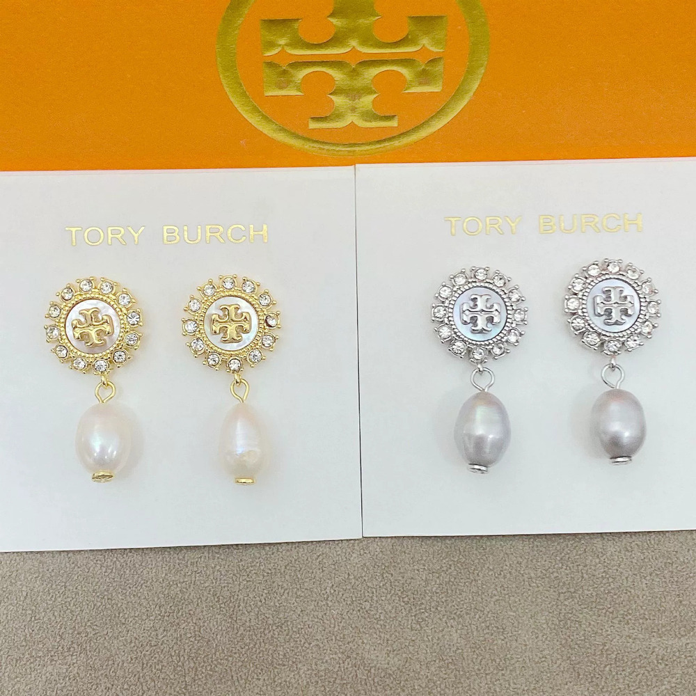 Tory Burch Natural Shell Rhinestone Round Metal Earrings
